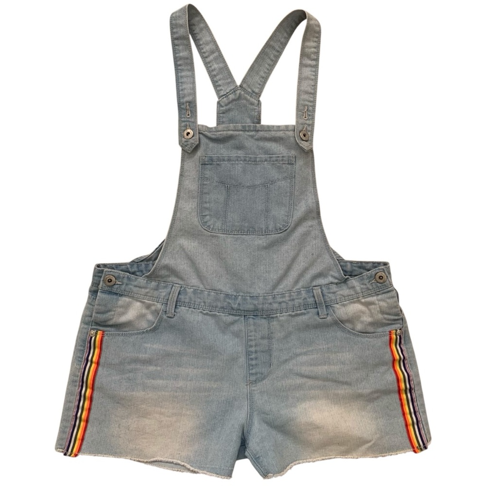 Light Denim Overalls Shorts w/ Rainbow Stripes